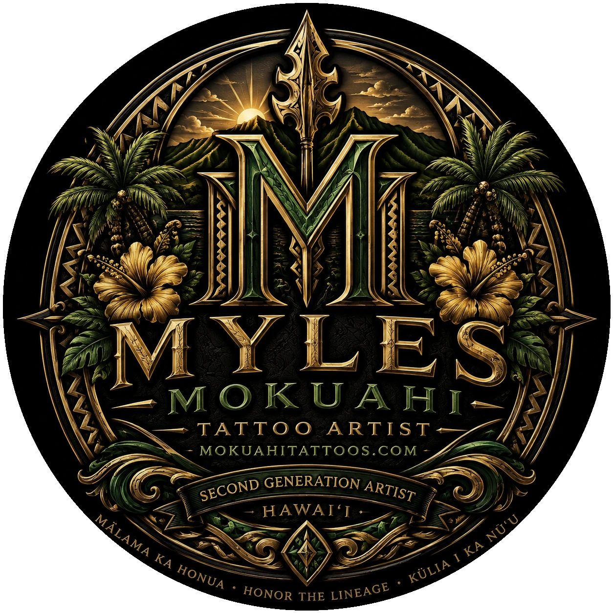 Myles Mokuahi brand mark — second generation tattoo artist working three Oʻahu shops: Loyalty Kailua, Ohana Waikiki & TNT Aiea