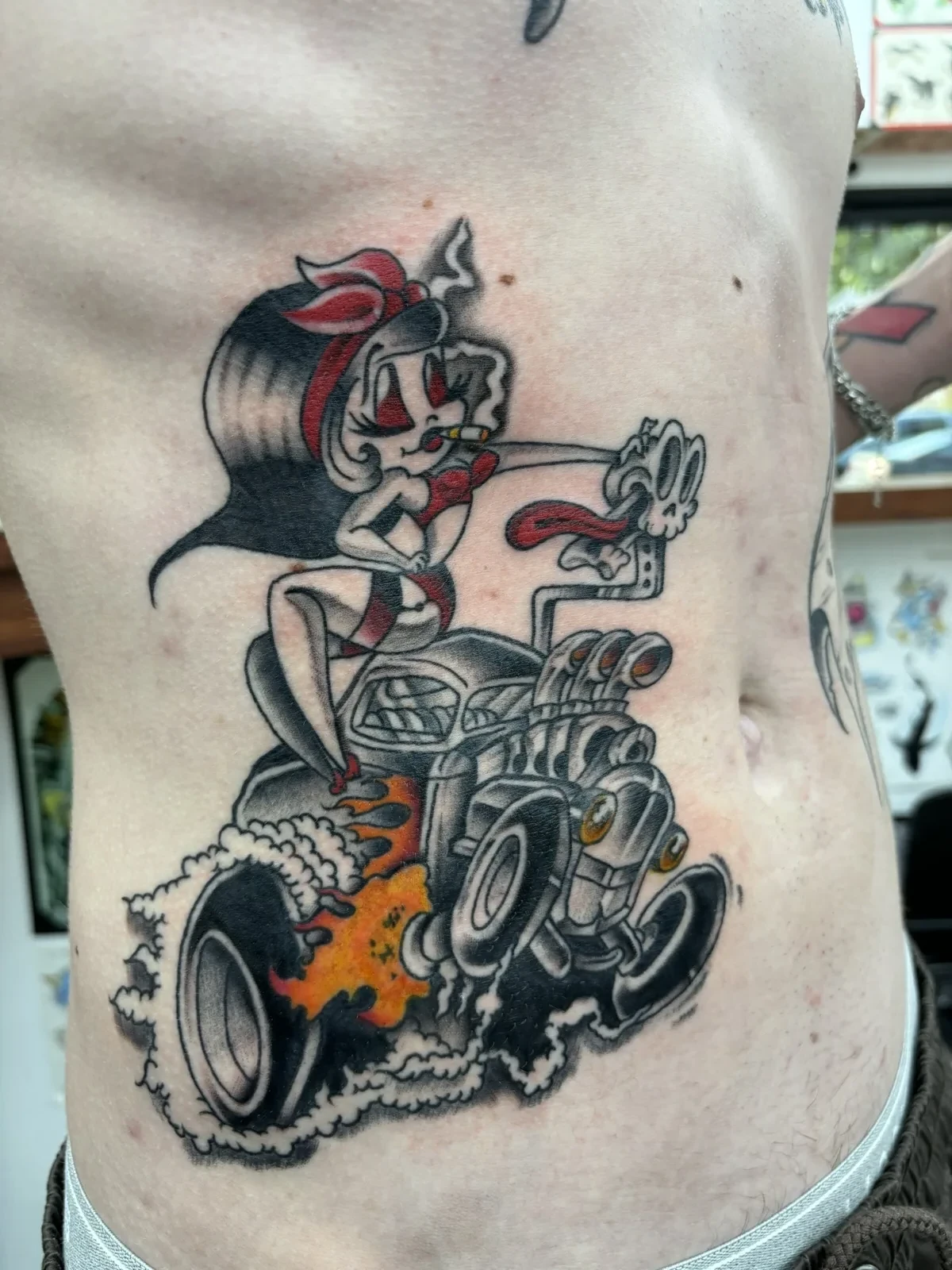 Myles Mokuahi traditional cartoon hot rod tattoo Hawaii