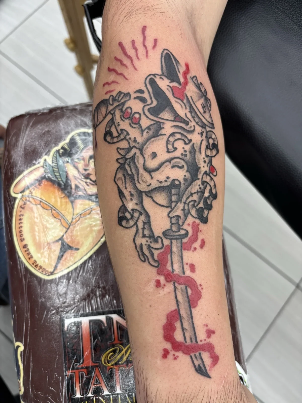 Myles Mokuahi traditional cartoon dog tattoo Hawaii